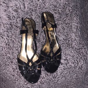 Anne Klein black and gold wedged sandals- 2 1/2”in